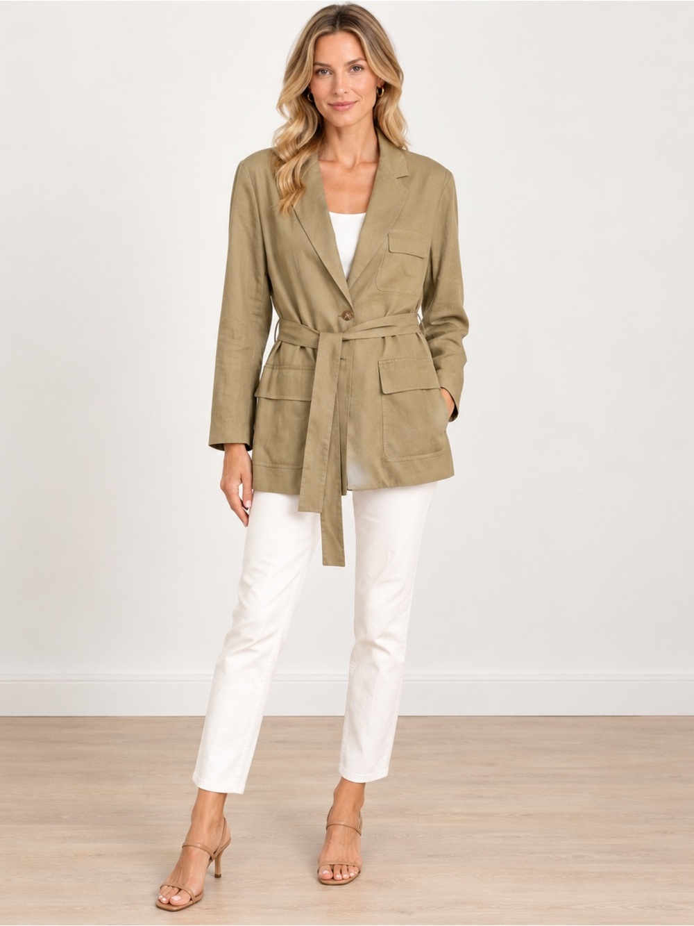 Polo Ralph Lauren Silk Wool Belted Blazer Khaki Tan Safari Jacket Size 4